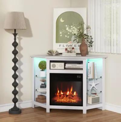 Hivvago Fireplace Corner TV Stand with LED Lights and Smart APP Control for 50 Inches TV-White