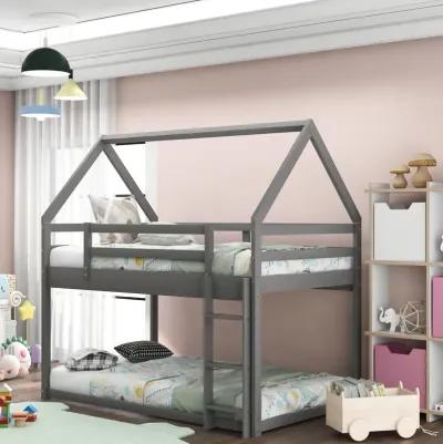 Twin Over Twin Low Bunk Bed, House Bed With Ladder