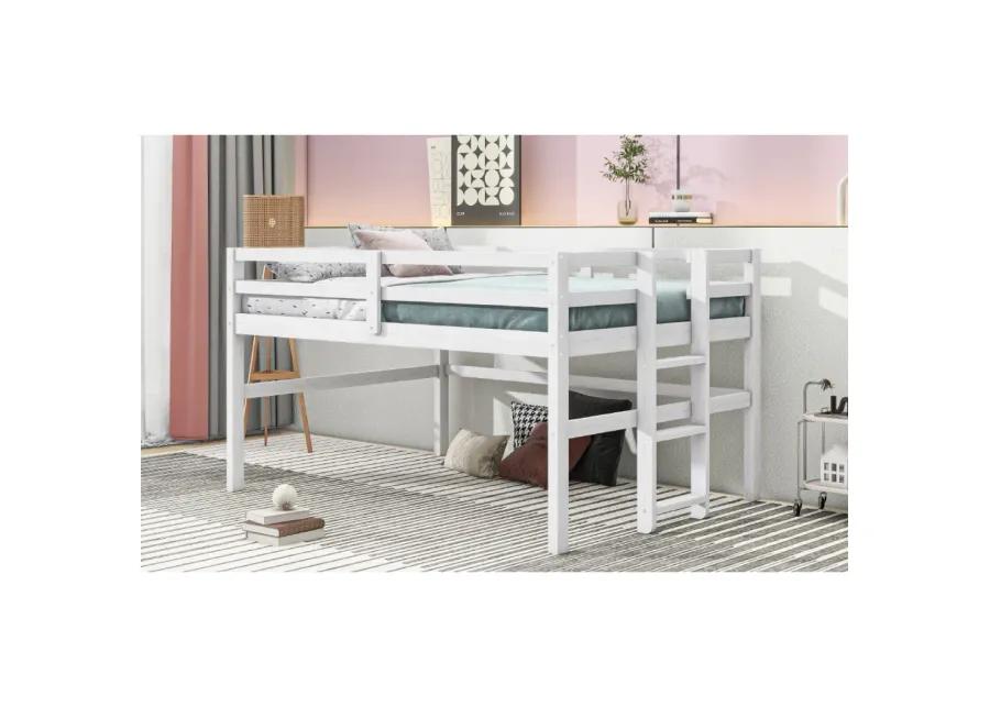 Wood Twin Size Loft Bed With Side Ladder, Antique White