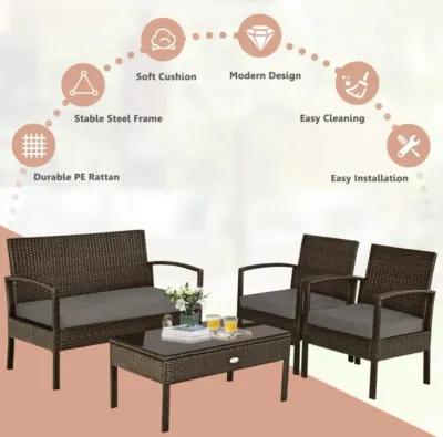 Hivvago 4 Pieces Patio Rattan Cushioned Furniture Set with Loveseat and Table