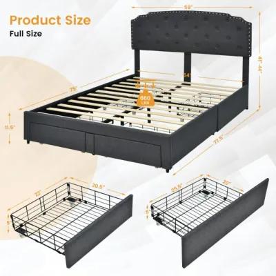 Hivvago Upholstered Bed Frame with 4 Storage Drawers and Adjustable Button-Tufte