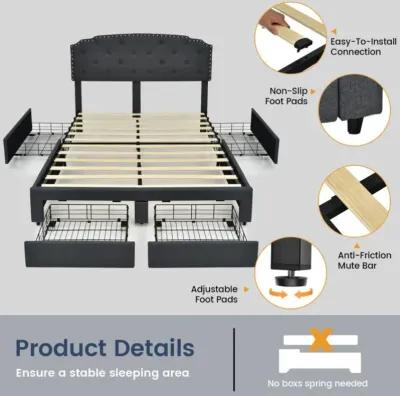 Hivvago Upholstered Bed Frame with 4 Storage Drawers and Adjustable Button-Tufte