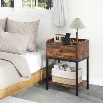 Industrial Bedside Table Nightstand with Charging Station-Rustic Brown