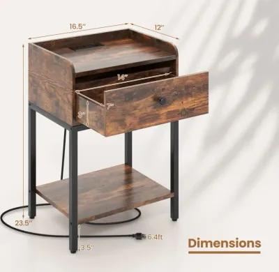 Industrial Bedside Table Nightstand with Charging Station-Rustic Brown