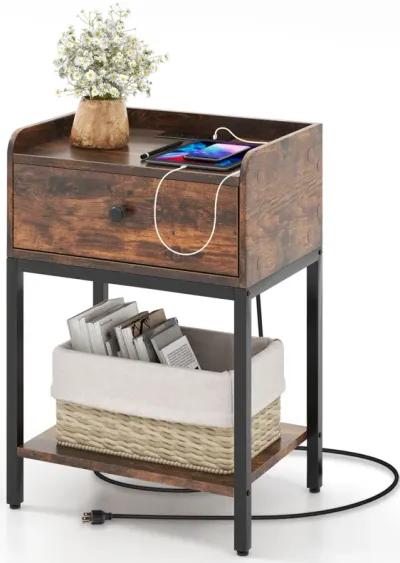 Industrial Bedside Table Nightstand with Charging Station-Rustic Brown