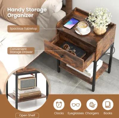 Industrial Bedside Table Nightstand with Charging Station-Rustic Brown