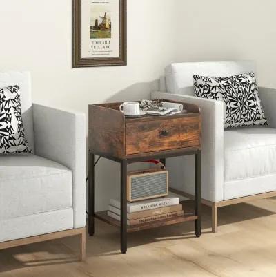 Industrial Bedside Table Nightstand with Charging Station-Rustic Brown