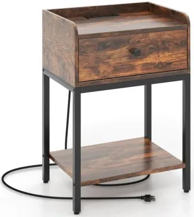 Industrial Bedside Table Nightstand with Charging Station-Rustic Brown