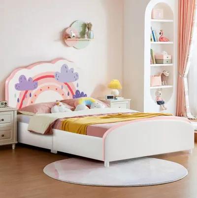 Kids Twin Size Upholstered Platform Wooden Bed with Rainbow Pattern