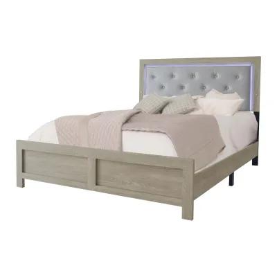 Ancy Queen Size Bed, Tufted and Upholstered Headboard, Light Gray Finish - Benzara