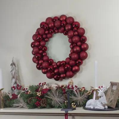 Burgundy 3-Finish Shatterproof Ball Christmas Wreath - 24"  Unlit