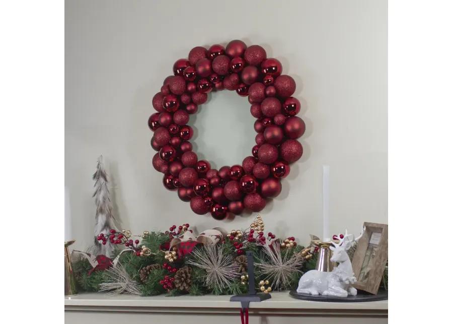 Burgundy 3-Finish Shatterproof Ball Christmas Wreath - 24"  Unlit