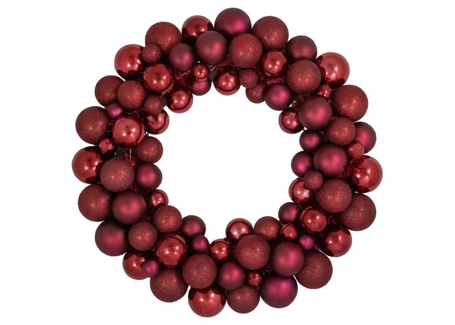 Burgundy 3-Finish Shatterproof Ball Christmas Wreath - 24"  Unlit