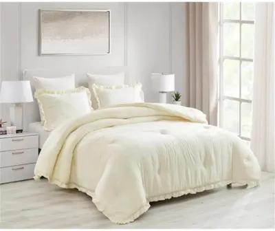 Full Size Ivory Microfiber 3 Piece Comforter Set with Ruffled Edge Trim