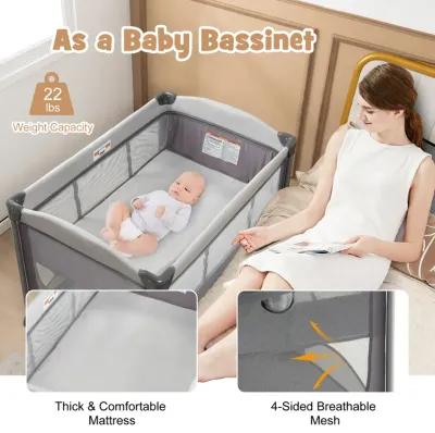 5-in-1 Portable Baby Playard with Cradle and Storage Basket-Gray