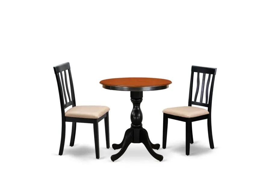 East West Furniture East West Furniture ESAN3-BCH-C 3-Piece Mid Century Dining Set Include a Kitchen Table and 2 Linen Fabric Mid Century Chairs with Slatted Back - Black Finish