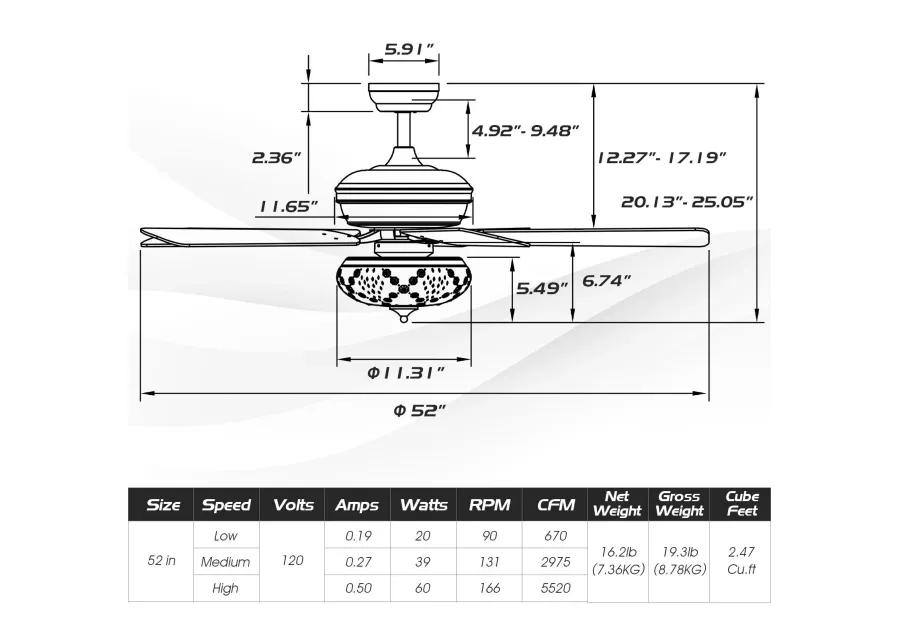 52 Inch Ceiling Fan with 3 Wind Speeds and 5 Reversible Blades