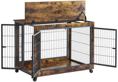 Furniture Dog Cage Crate With Double Doors, Rustic Brown, 38.58" W X 25.2" D X 27.17"