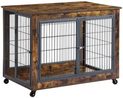 Furniture Dog Cage Crate With Double Doors, Rustic Brown, 38.58" W X 25.2" D X 27.17"