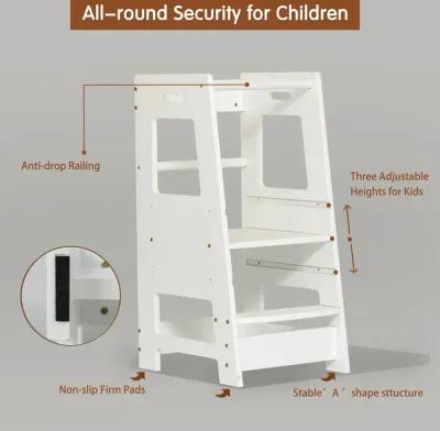 Toddler Standing Tower for Kitchen, Step Stool for Kid's Adjustable Height Learning Stool, Removable Anti-Drop Safety Rail Stool for Bedroom, Bathroom, White