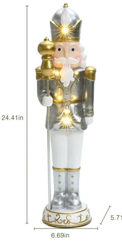 LuxenHome 2Ft Tall Traditional Nutcracker King in White with Lights