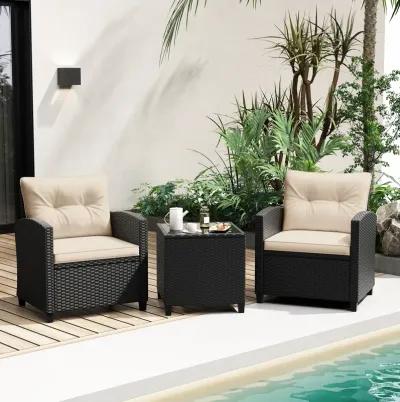 3 Pieces Patio Furniture Set with Tempered Glass Coffee Table