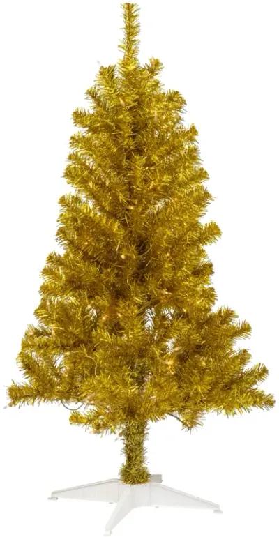 4' Pre-Lit Gold Iridescent Tinsel Slim Artificial Christmas Tree  Clear Lights