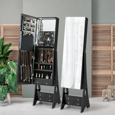 Freestanding Full Length LED Mirrored Jewelry Armoire with 6 Drawers