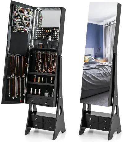 Freestanding Full Length LED Mirrored Jewelry Armoire with 6 Drawers