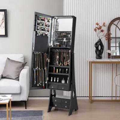 Freestanding Full Length LED Mirrored Jewelry Armoire with 6 Drawers