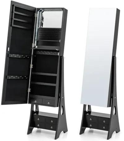 Freestanding Full Length LED Mirrored Jewelry Armoire with 6 Drawers