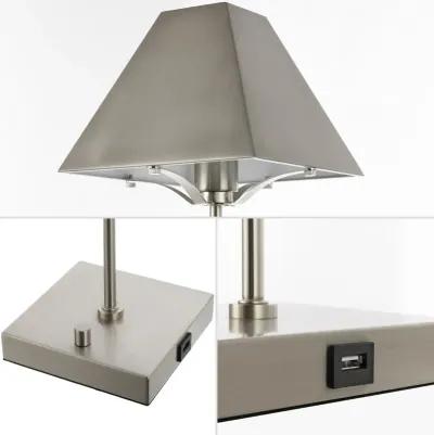 Ruthen 25" Industrial Style Iron Pyramid Bedside LED Table Lamp with USB Charging Port, Nickel