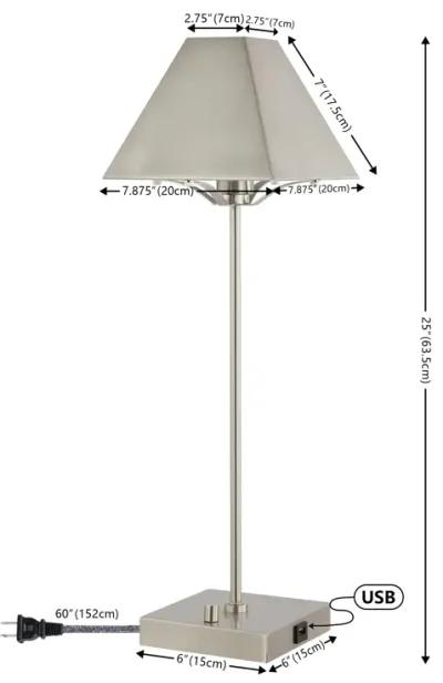 Ruthen 25" Industrial Style Iron Pyramid Bedside LED Table Lamp with USB Charging Port, Nickel