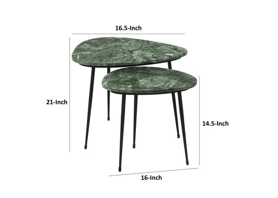 2 Piece Nesting Accent Table Set, Triangular Marble Top, Green, Black - Benzara