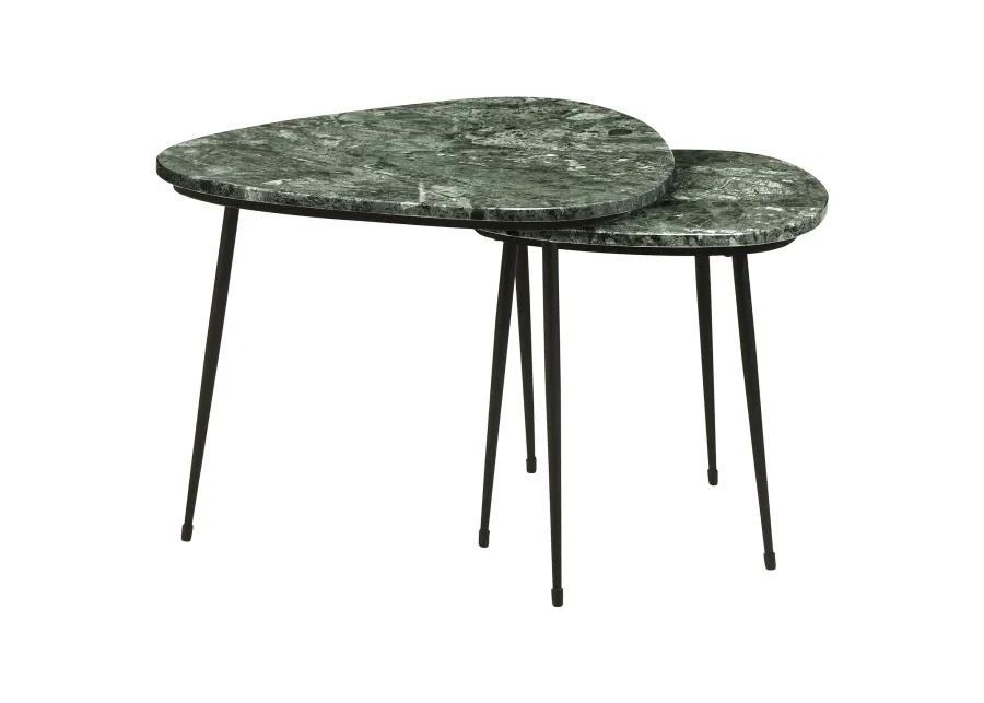 2 Piece Nesting Accent Table Set, Triangular Marble Top, Green, Black - Benzara