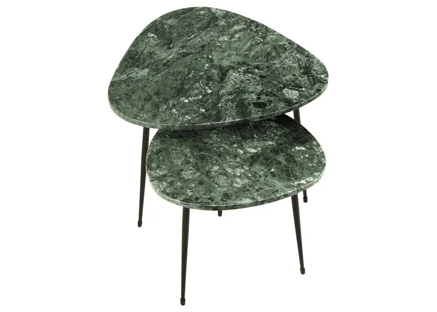 2 Piece Nesting Accent Table Set, Triangular Marble Top, Green, Black - Benzara