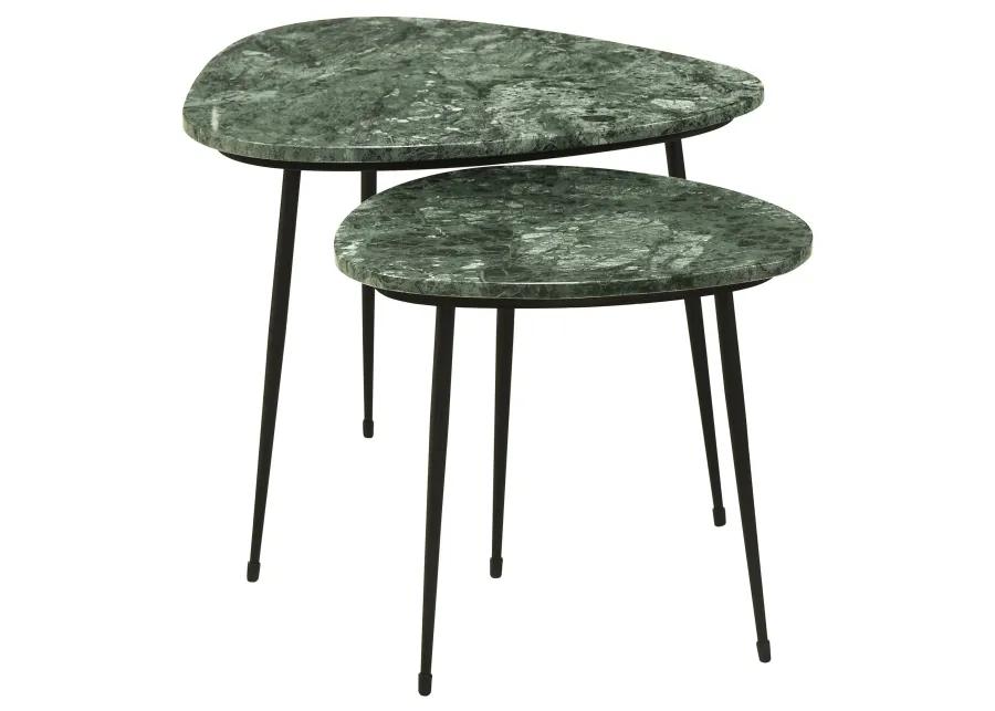 2 Piece Nesting Accent Table Set, Triangular Marble Top, Green, Black - Benzara