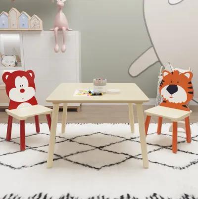 Hivvago Animal Designed Kid's Wooden Table with 2 Chair Set Activity Play Table Set (Bear Tiger)