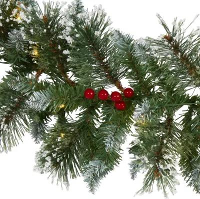 HomPlanti 9" Frosted Swiss Pine Artificial Garland with 50 Clear LED Lights and Berries