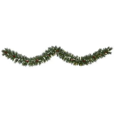 HomPlanti 9" Frosted Swiss Pine Artificial Garland with 50 Clear LED Lights and Berries