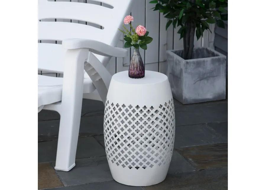 White Boho Accent: Hollow Drum Steel Side Table for Indoor/Outdoor