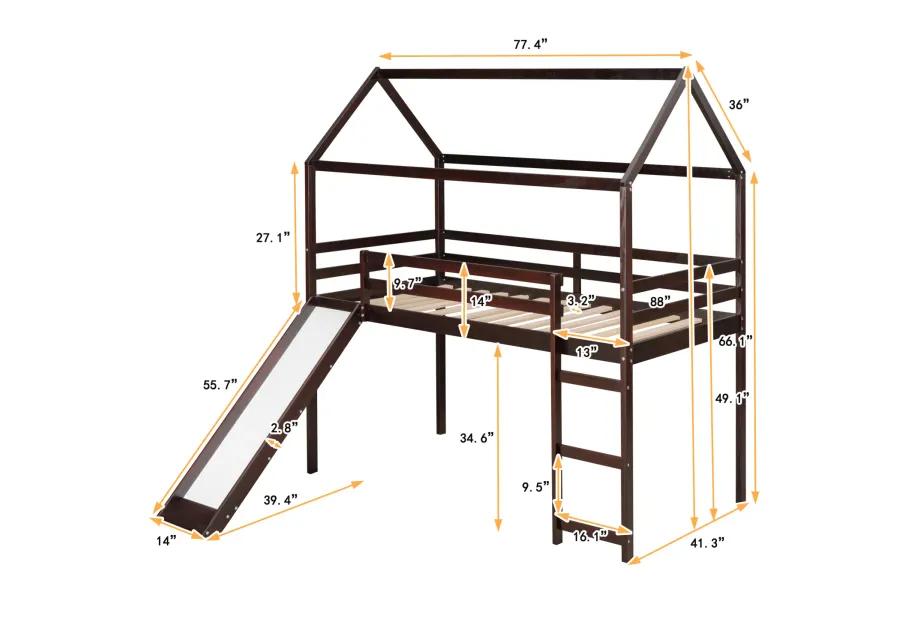 Twin Loft Bed with Slide, House Bed with Slide