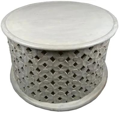 28 Inch Artisanal Round Mango Wood Coffee Table, Intricate Diamond Lattice Cut Out Frame, Washed White-Benzara