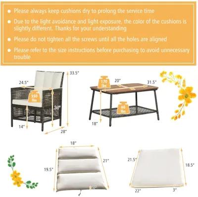 5 Pieces Patio Rattan Furniture Set Cushioned Sofa Armrest Wooden Tabletop-Off White