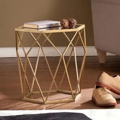 Homezia 19" Gold And Reflective Glass Hexagon Mirrored End Table