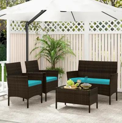 4 Piece Patio Rattan Conversation Set with Cozy Seat Cushions