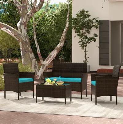 4 Piece Patio Rattan Conversation Set with Cozy Seat Cushions