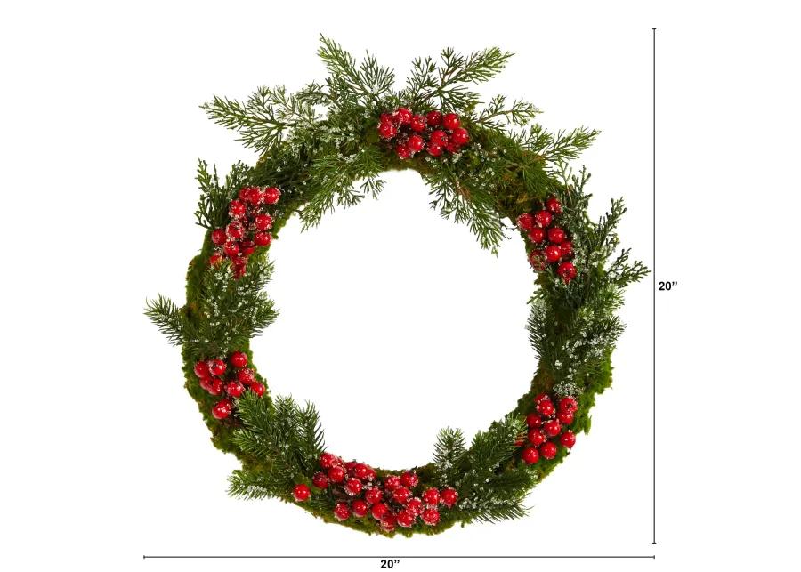 HomPlanti 20" Iced Pine and Berries Artificial Christmas Wreath