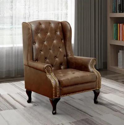 Vaugh Traditional Wing Accent Chair In Nail Head, Rustic Brown Finish-Benzara