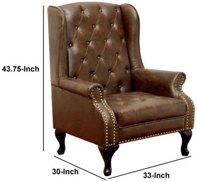 Vaugh Traditional Wing Accent Chair In Nail Head, Rustic Brown Finish-Benzara